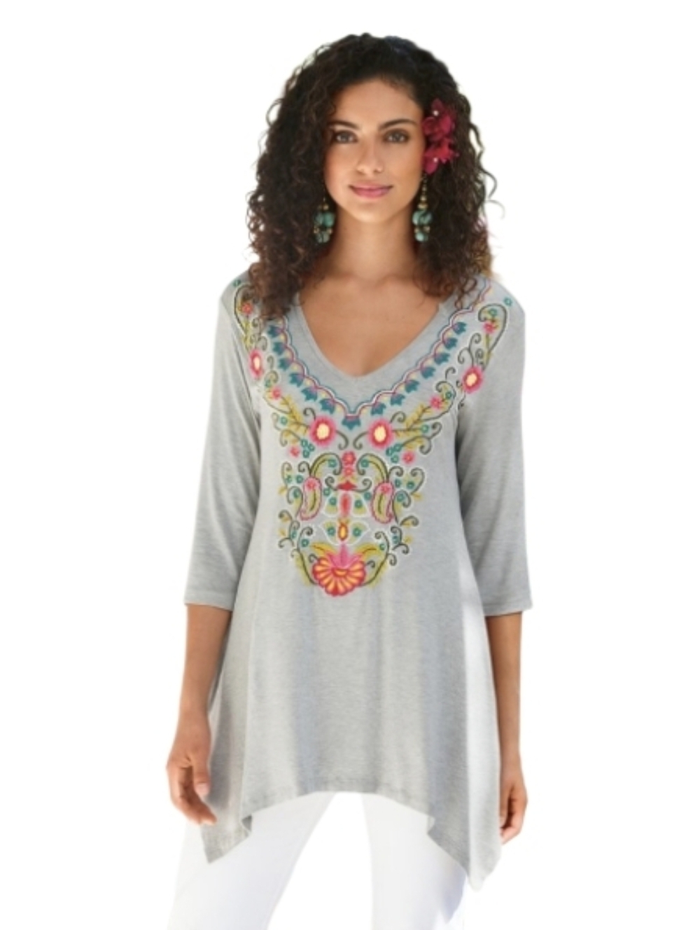 Soft Surroundings Adora Top Gray Tunic with Multicolor Floral Embroidery